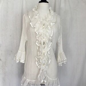 VTG EC  Sheer Ruffle Blouse Ivory Romantic Bridal Top Pleated Chiffon XL